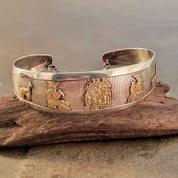 Vintage Sterling & 18k Yellow Gold Peruvian Inca Cuff Bracelet - Picture 2 of 10